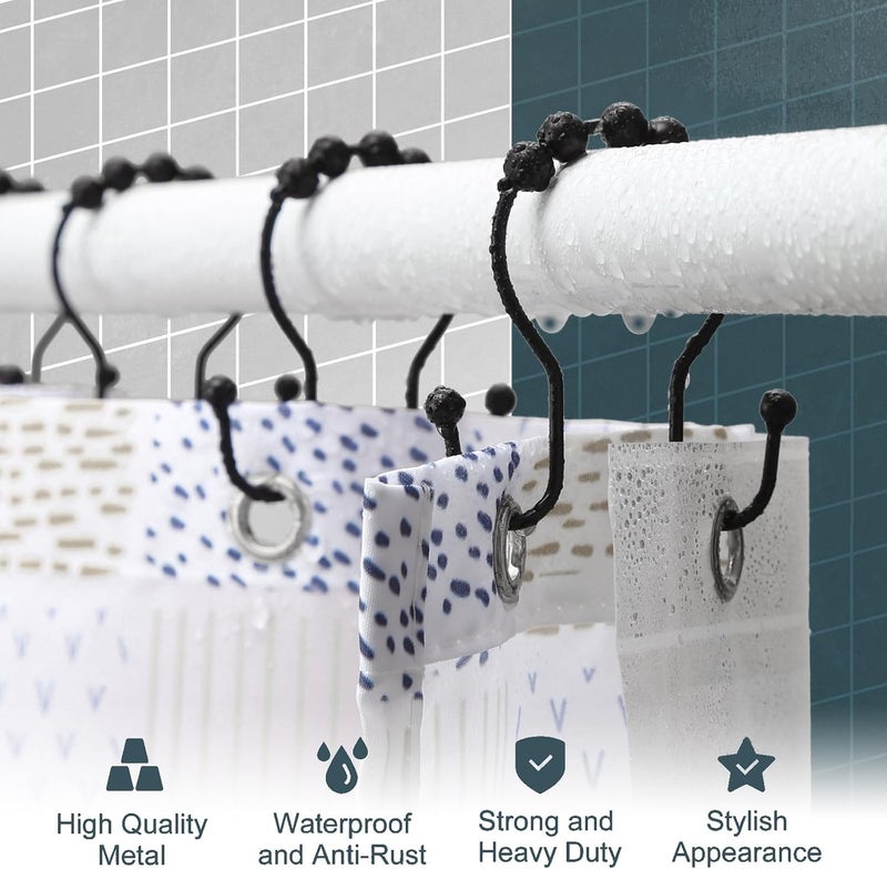 OEH Shower Curtain Hooks, Shower Curtain Rings, Black Shower Curtain Hooks Rust Proof, Smooth Gliding Metal Shower Curtain Rings Rust Proof, Double Shower Rings for Curtain, 12 Pcs, Black - Image 2